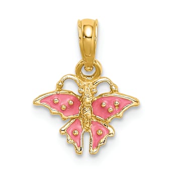 14k Yellow Gold Textured Pink Enamel Mini Butterfly Charm