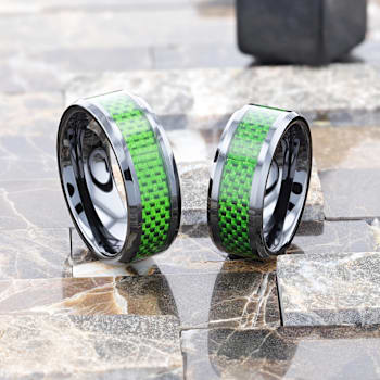MATLAL Beveled Black Ceramic Ring with Emerald Green Carbon Fiber Inlay 8mm