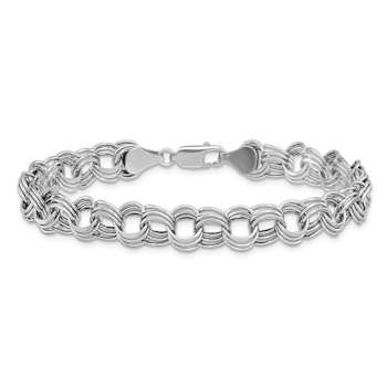 Rhodium Over 14k White Gold 8mm Diamond-Cut Triple Link Charm Bracelet