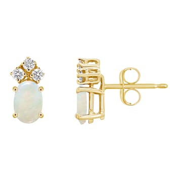 6x4mm Oval Opal with Diamond Accents 14k Yellow Gold Stud Earrings