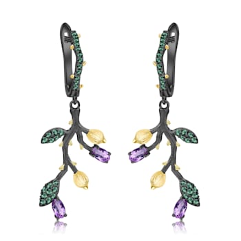 Amethyst and Nanocrystal Black Rhodium Over Sterling Silver Leaf Earrings