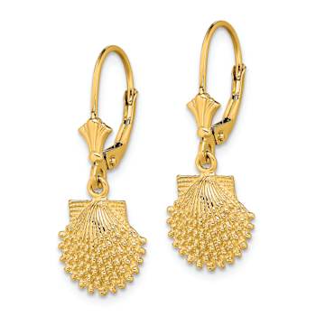 14k Yellow Gold 2D Beaded Textured Scallop Shell Dangle Earrings