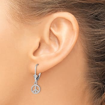 Rhodium Over 14k White Gold 3D Peace Symbol Dangle Earrings