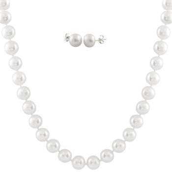 18" White Freshwater Pearl Necklace & Earrings, 7–7.5mm,
Rhodium Silver