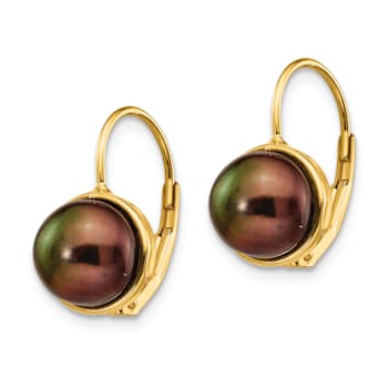 14K Yellow Gold 6-7mm Black Button Freshwater Cultured Pearl Leverback Earrings