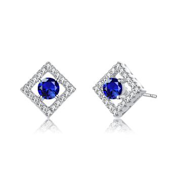 Sapphire Color CZ Halo Stud Earrings In Rhodium Over Brass