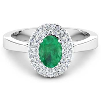 0.86ctw Green Emerald and Diamond 14K White Gold Halo Ring