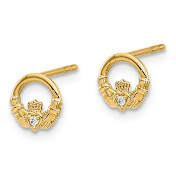 14k Yellow Gold Cubic Zirconia 6.8mm Claddagh Stud Earrings