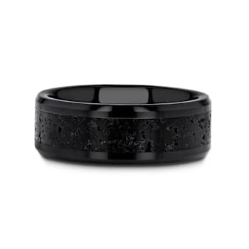 VESUVIUS Men’s Polished Black Ceramic Band with Lava Rock Stone Inlay
& Polished Beveled Edges 8mm