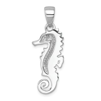 Rhodium Over Sterling Silver Polished Crystal Seahorse Pendant