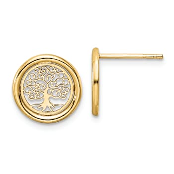 14k Yellow Gold Polished Tree of Life in Circle Stud Earrings
