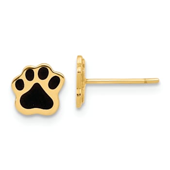 14k Yellow Gold Polished Paw with Black Enamel Stud Earrings