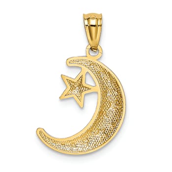 14k Yellow Gold Polished, Diamond-Cut and Textured Moon and Stars Pendant