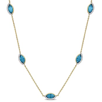 London Blue Topaz and Diamond 14K Yellow Gold Station Necklace 3.37ctw