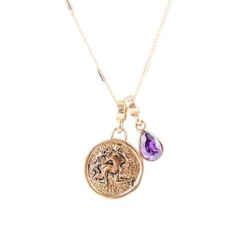 Barse Amethyst Aquarius Charm Necklace In Bronze