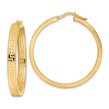 14k Yellow Gold 1 7/16" Textured Greek Key Hoop Earrings