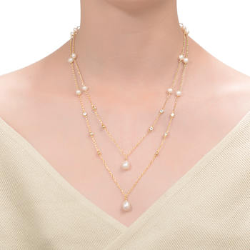 Pear Shape Freshwater Pearl Layered Necklace In 14K Gold Over Sterling Silver