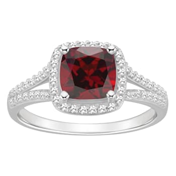 7mm Cushion Garnet 1/4 ctw Diamond Rhodium Over Sterling Silver Halo Ring