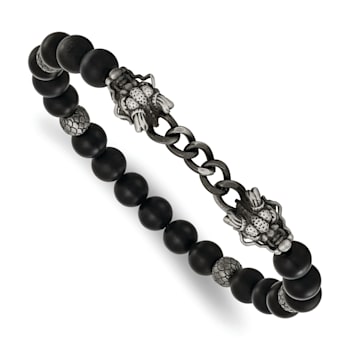 Stainless Steel Antique White Bronze Dragon Agate/Onyx Stretch 7.5-inch Bracelet
