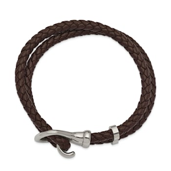 Brown Braided Leather and Stainless Steel Polished 8-inch Bracelet