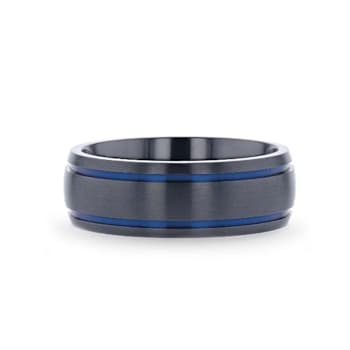 SHERIFF Domed Black Titanium Brushed Finish Men’s Wedding Ring with Blue
Grooves 8mm