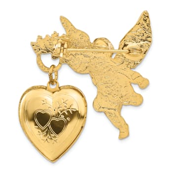 Symbols Of Faith Gold-tone Angel with 20mm Dangle Heart Crystal Cross
Locket Brooch Pin