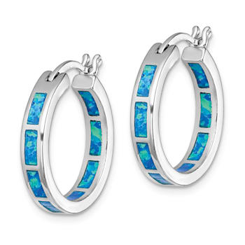 Rhodium Over Sterling Silver Blue Lab Created Opal In/Out Round Hoop Earrings