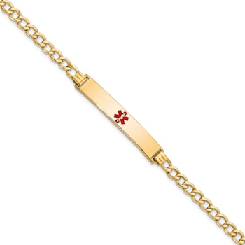 14k Yellow Gold Medical Polished Red Enamel Curb ID Bracelet