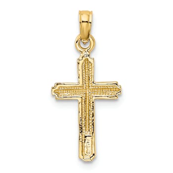 14k Yellow Gold Polished Cross with Stripped Border Pendant
