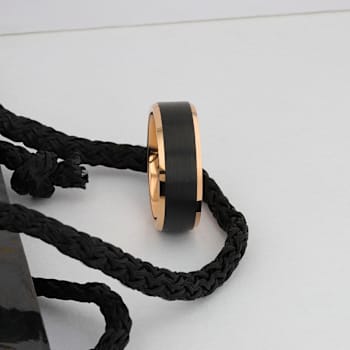 HAYDEN Rose Gold Plated Tungsten Polished Beveled Ring with Brushed
Black Center 8mm