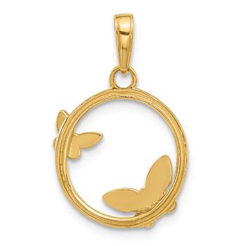 14k Two-tone Gold Diamond-Cut Butterflies on Circle Pendant
