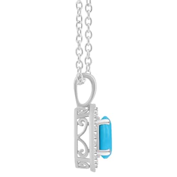 7mm Round Turquoise 1/8 ctw Diamond Rhodium Over Sterling Silver Halo
Pendant with Chain