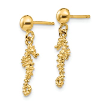 14k Yellow Gold 3D Textured Mini Seahorse Dangle Earrings