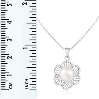 9-10mm Button White Cultured Freshwater Pearl and CZ Rhodium Over
Sterling Silver Pendant