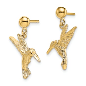 14k Yellow Gold Textured Hummingbird Dangle Earrings