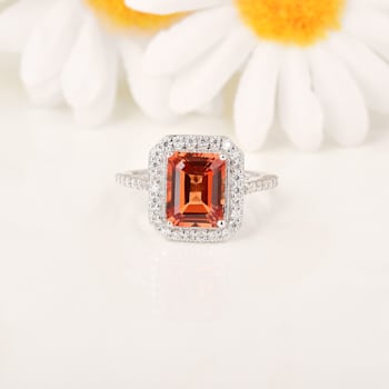 Peach Orange Lab Created Padparadscha Sapphire & Moissanite Rhodium
Over Silver Halo Ring