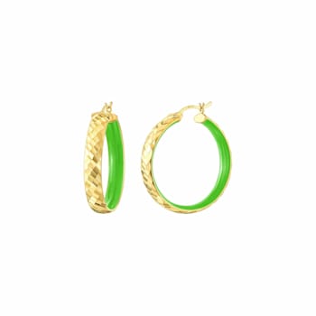 14K Yellow Gold Over Sterling Silver Enamel Hammered Hoop Earrings in
Neon Green