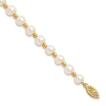 10k Yellow Gold 6-7mm White Near Round Freshwater Cultured Pearl Bead Bracelet