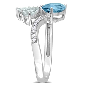 1.97ctw London Blue Topaz, Aquamarine And Diamond 14k White Gold Ring