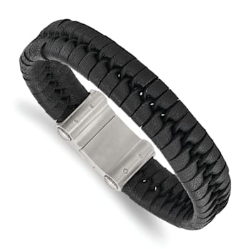 Black Leather and Stainless Steel Brushed 8.5-inch Bracelet