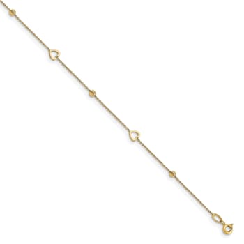 14K Yellow Gold Polished and Diamond-cut Heart with 1-inch Extension Anklet