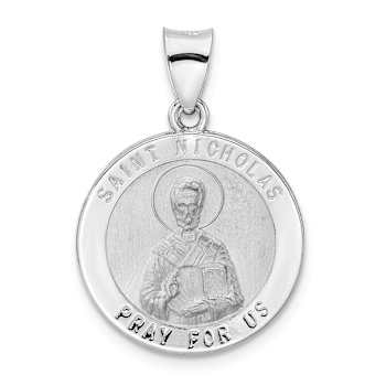 Rhodium Over 14k White Gold Polished and Satin Saint Nicholas Medal Pendant