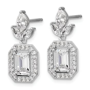 Rhodium Over Sterling Silver Emerald-cut Cubic Zirconia Halo Post Dangle Earrings