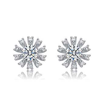 Floral CZ Stud Earrings In Sterling Silver