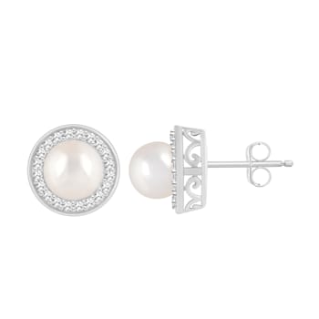 6mm Cultured Freshwater Pearl 1/5 ctw Diamond Rhodium Over Sterling
Silver Halo Stud Earrings