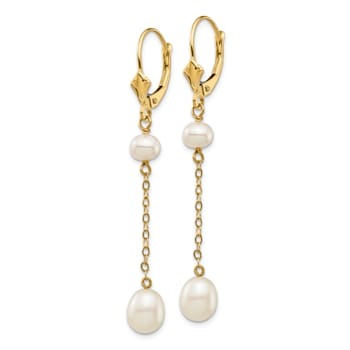 14K Yellow Gold 5-7mm White Rice Freshwater Cultured Pearl Leverback Earrings