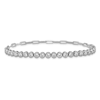 Rhodium Over Sterling Silver Bezel Set Cubic Zirconia and Paperclip Link Bracelet