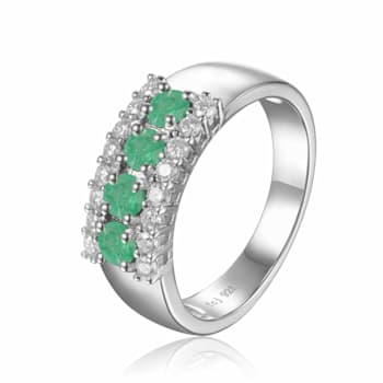 Oval Emerald and Round Moissanite Sterling Silver Wide Band Ring