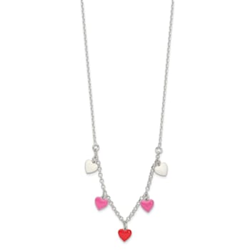 Sterling Silver Polished Pink, Red and White Enamel Heart Children's Necklace