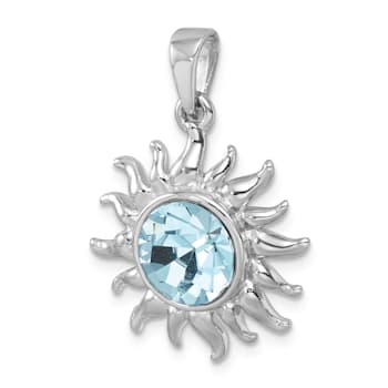 Rhodium Over Sterling Silver Polished Blue Crystal Sun Pendant